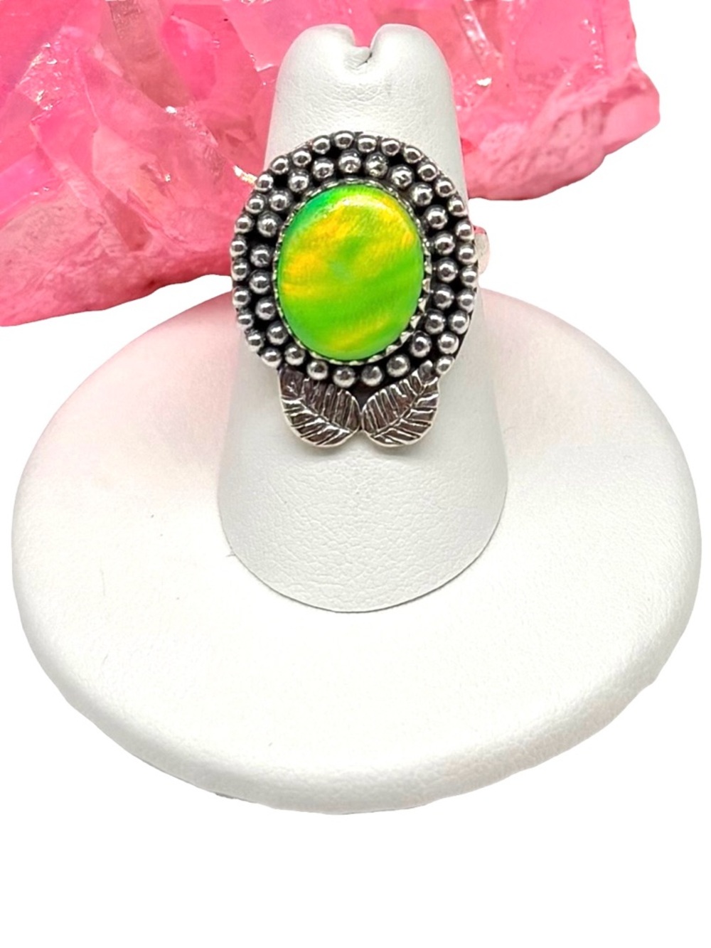 Lime Green Aurora Opal Ring Size 6.5 Solid 925 Sterling Silver Aura